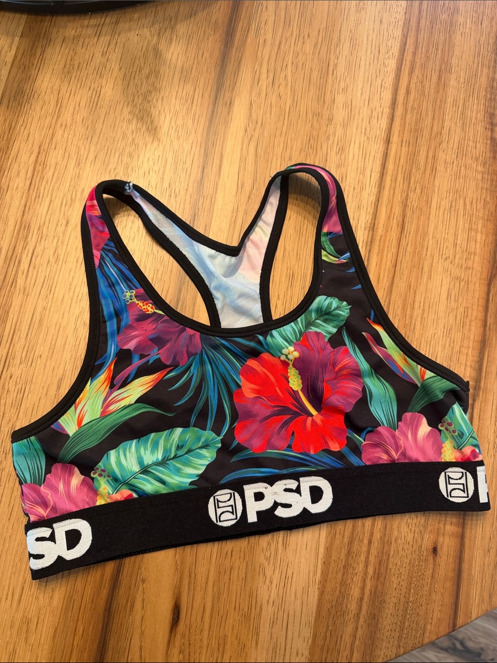 PSD Floral Racerback Sports Bra - Black with Red, Green & Pink Hibiscus